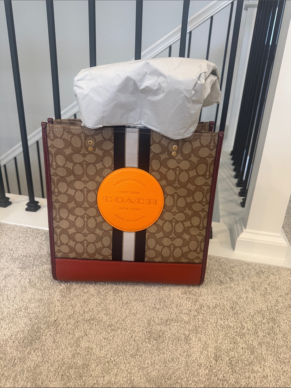 Coach Brown Signature Canvas Crossbody with Orange Logo Patch and Red Trim